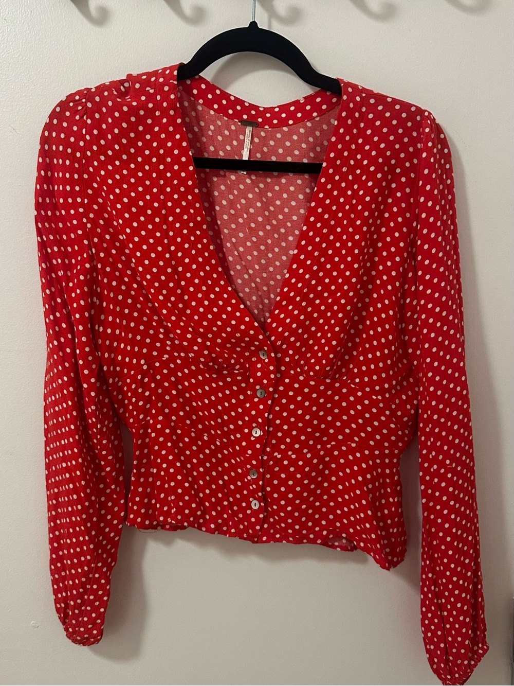 Free People Red Polka Dot V-Neck Button Front Blouse